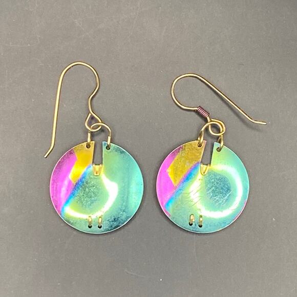 HOLLY YASHI Earrings Niobium Round Circle Pink Gold Blue Dangle Drop Signed - Picture 7 of 7